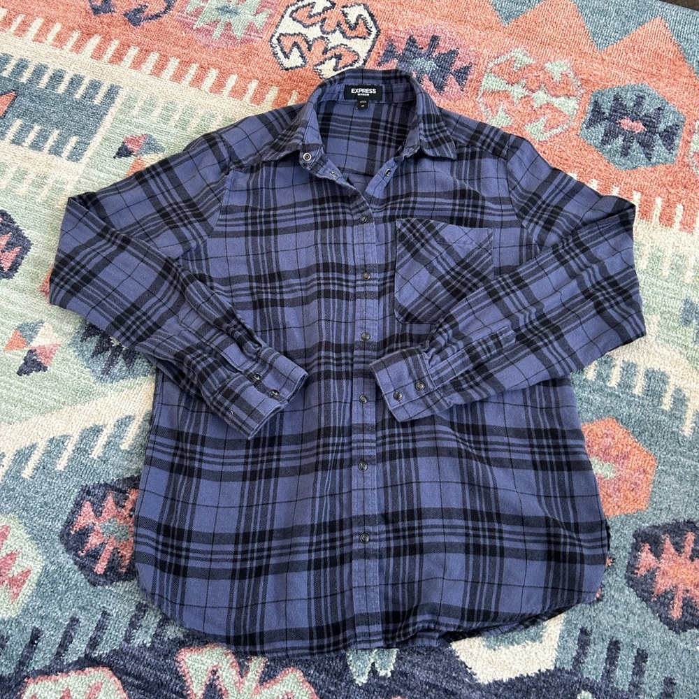Express Blue and Black Plaid Shirt with snap buttons size XS